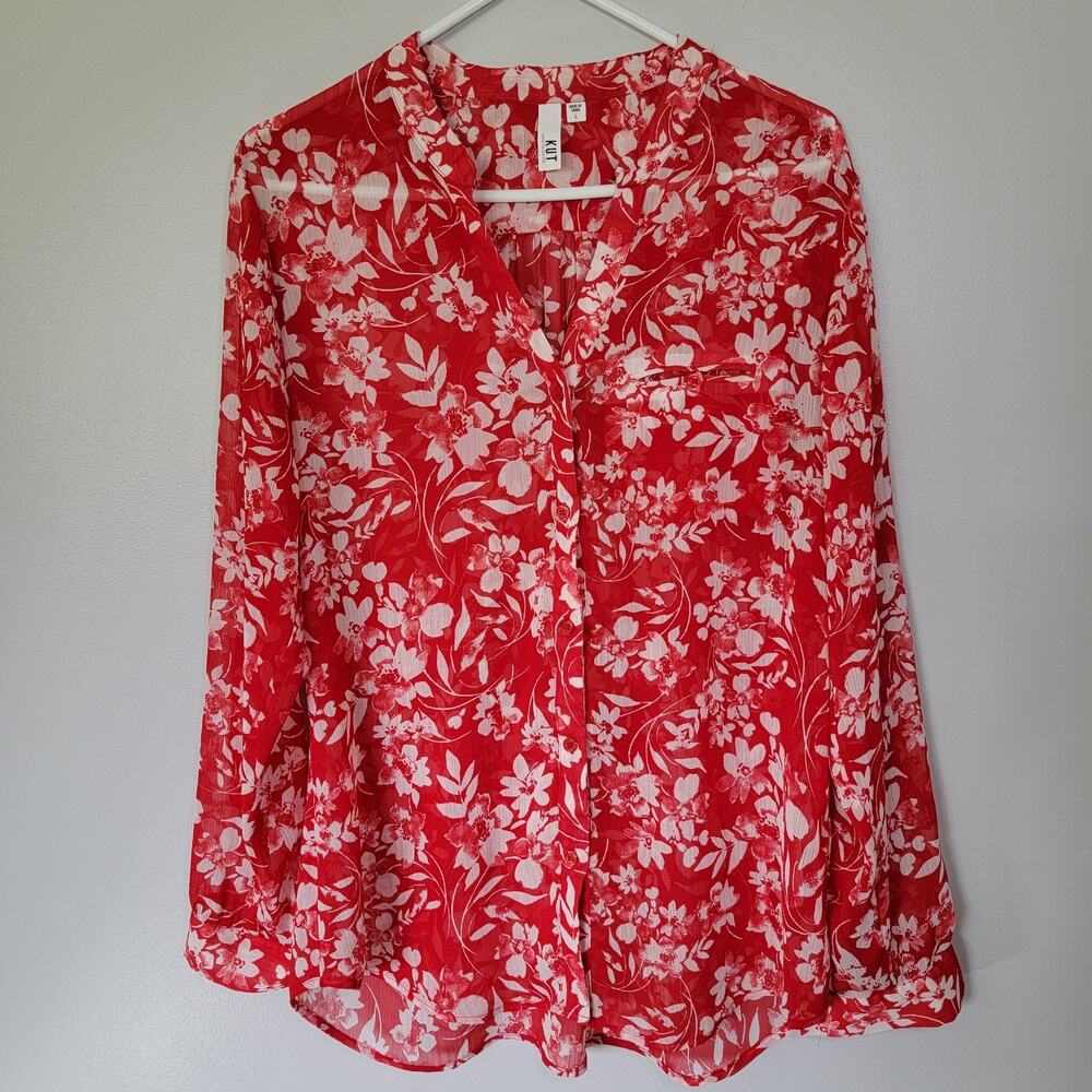 KUT Red Floral Top Womens L Whimsy Roll Tab Sleeve Fairy Cottagecore Office Work